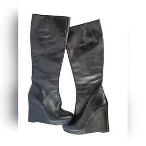 Nine West Black Leather Wedge Boot Heartset Sz 7